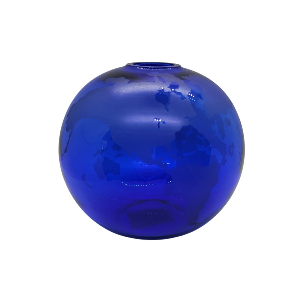 Silvestri Cobalt Blue Mouth Blown Glass Globe Vase Etched World Map Sphere 5.5in
